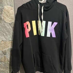 PINK Victoria's Secret Black Hoodie with Multicolor Logo
